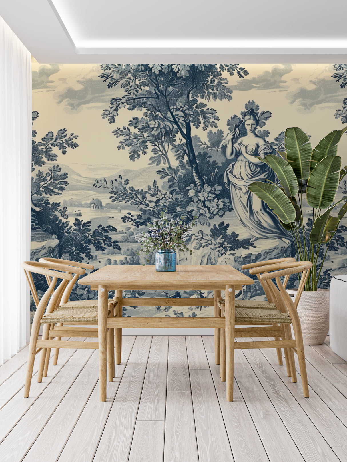 Blue Toile pattern adding sophistication to a modern living room setting