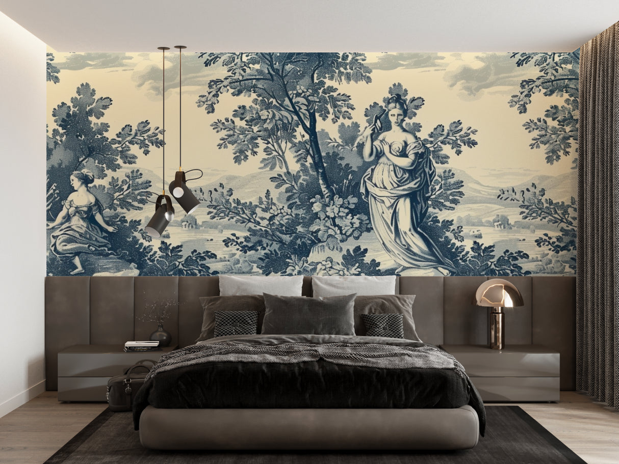 Vintage Toile de Jouy wallpaper bringing charm to a powder room