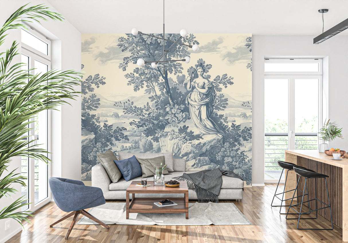 Traditional blue Toile wallpaper creating depth in a home office space