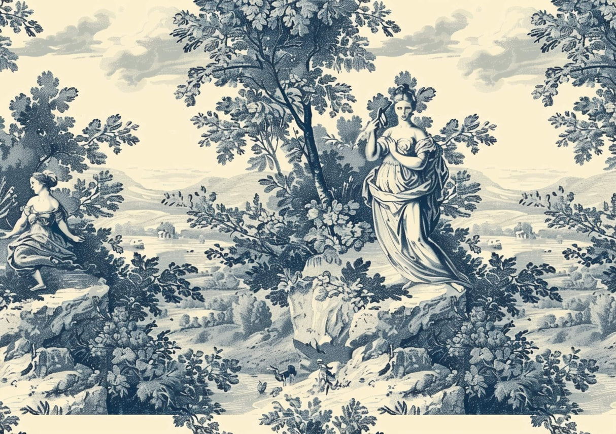 Classic Toile de Jouy design file showing detailed pastoral scenes in blue and beige tones
