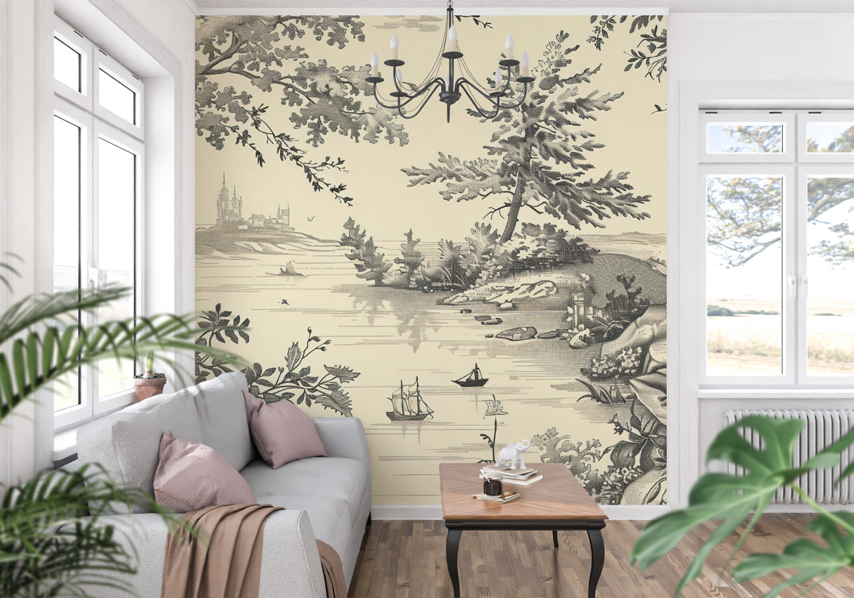 Classic Toile de Jouy wallpaper in an elegant dining room with traditional furniture