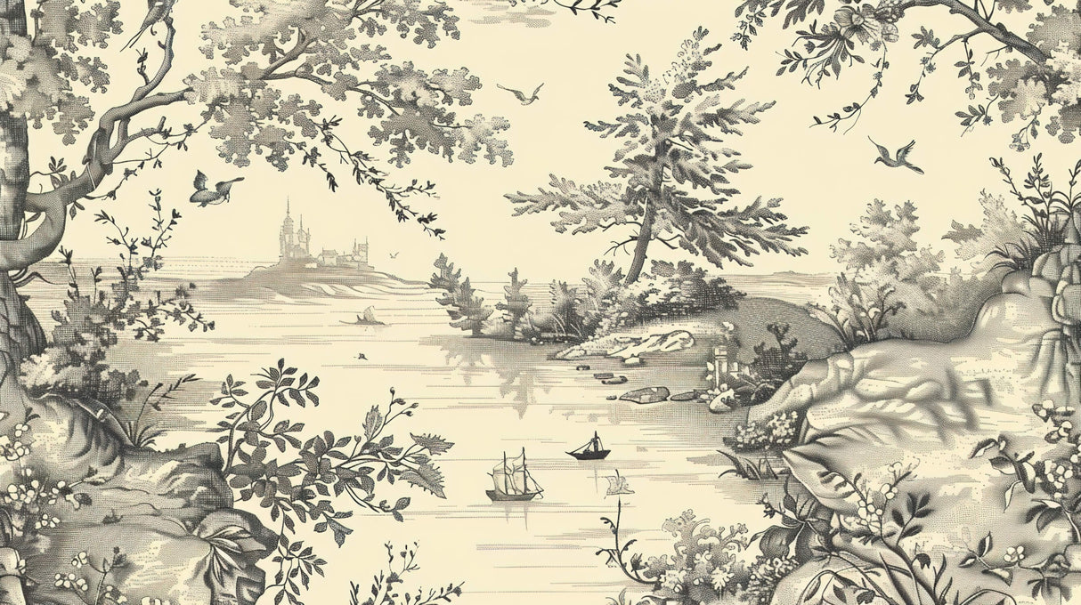 Detailed design file of Classic Toile de Jouy landscape pattern with ships and pastoral scenes