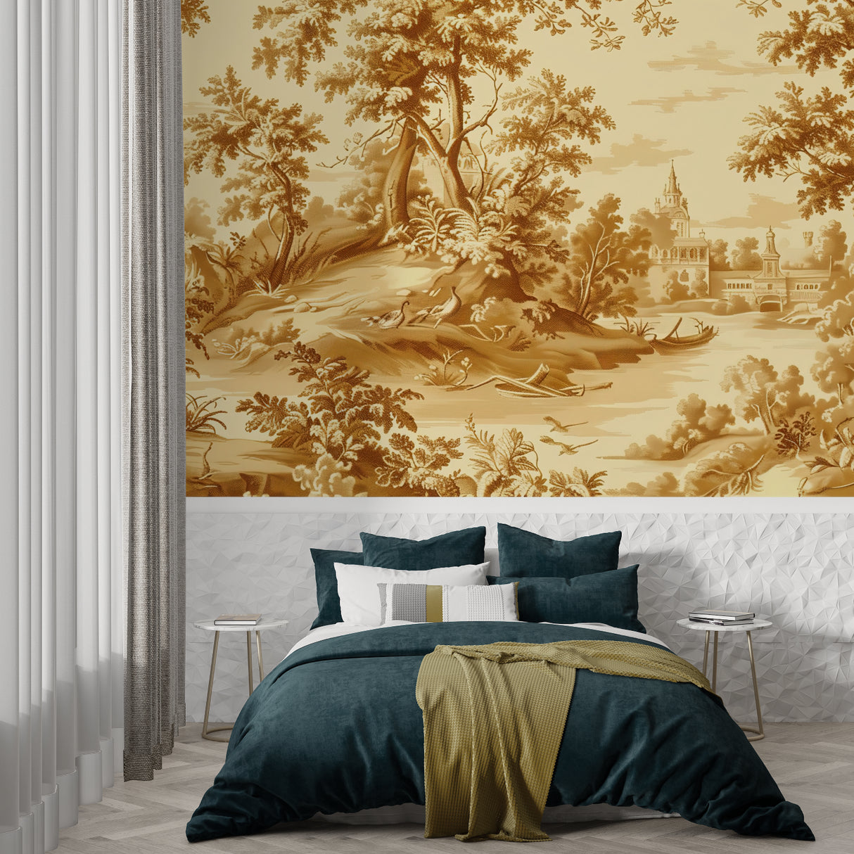 Classic Toile de Jouy wallpaper in gold tones creating elegance in a modern living room setting