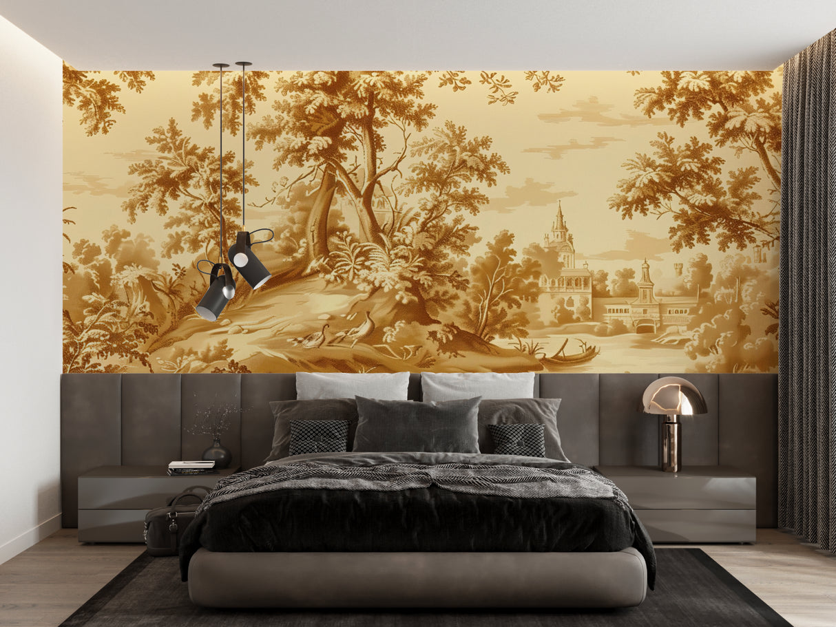 French vintage wallpaper with golden landscape scene brightening a cozy dining room