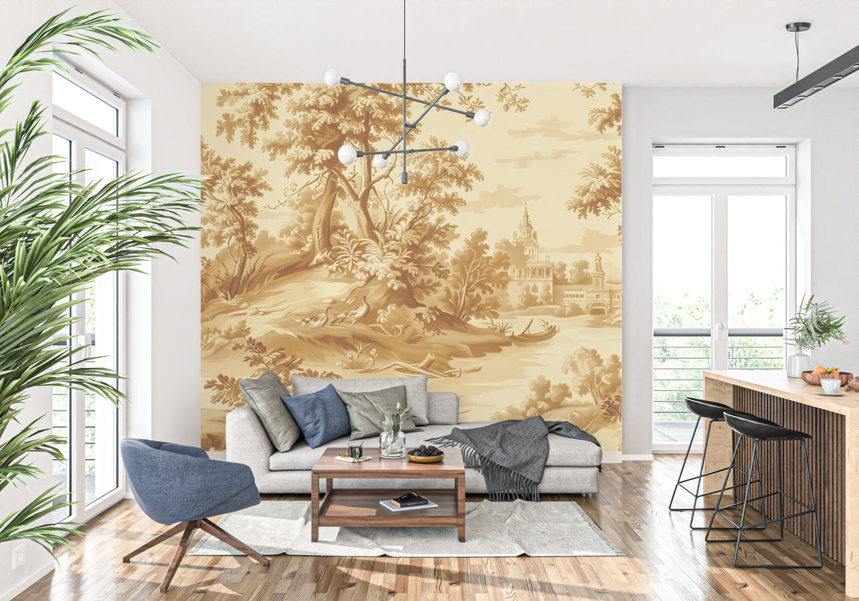 Elegant golden Toile wallpaper creating warmth in a home office space