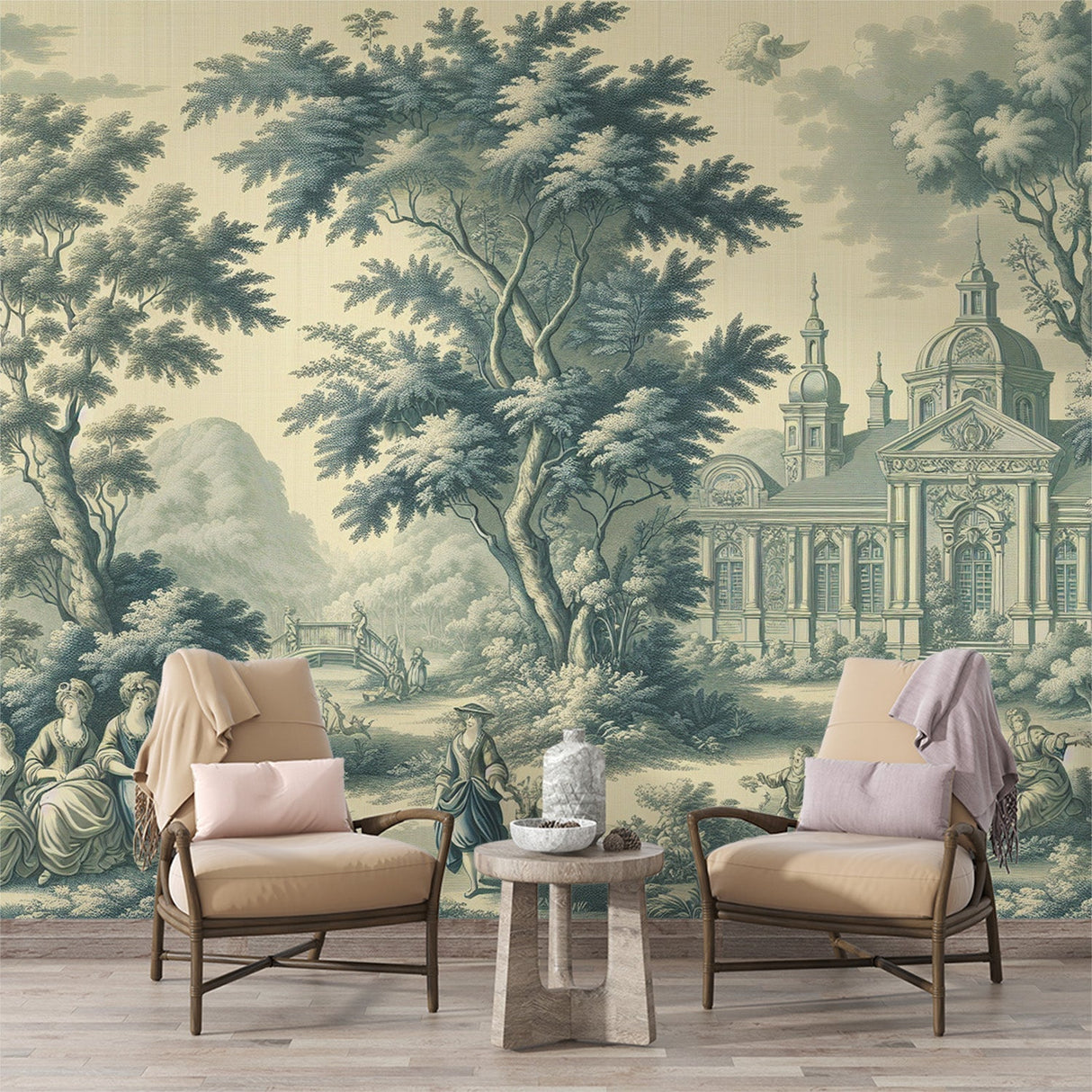 Vintage garden mural wallpaper creating depth in an elegant dining room with classical furniture and natural light