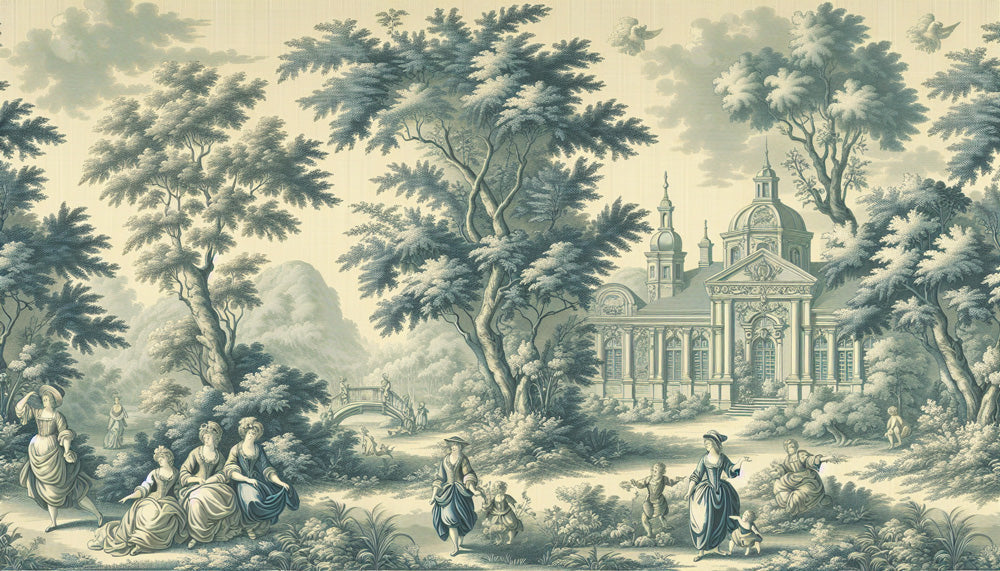 Classical garden wallpaper design file showing detailed baroque architecture and pastoral landscape pattern