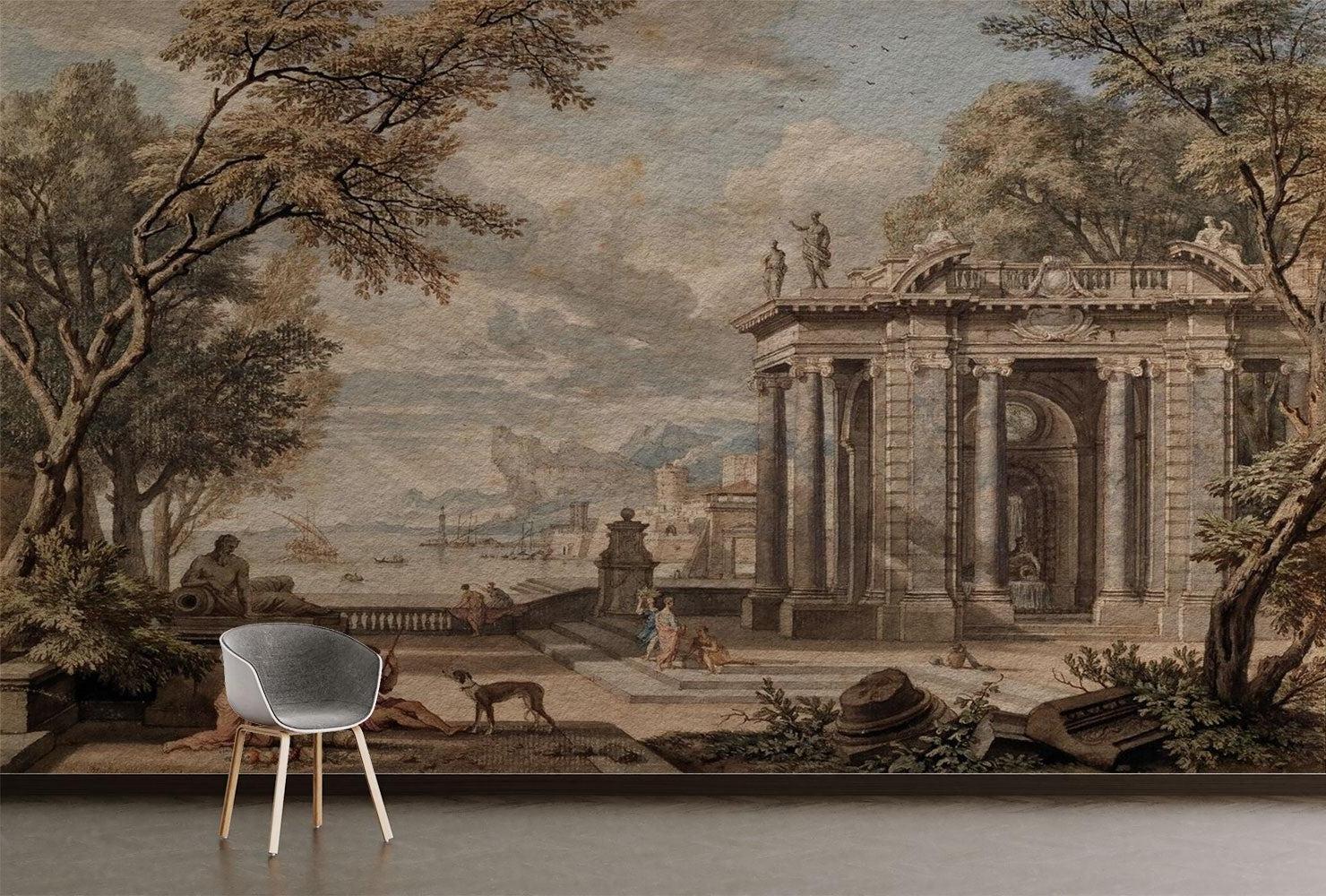 Vintage architectural mural creating depth in a modern living room