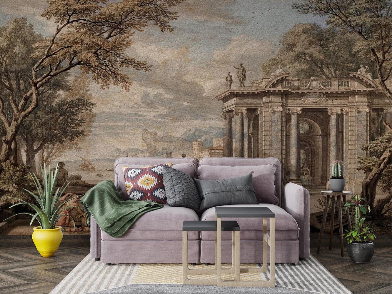Classic architecture wallpaper bringing character to an entryway