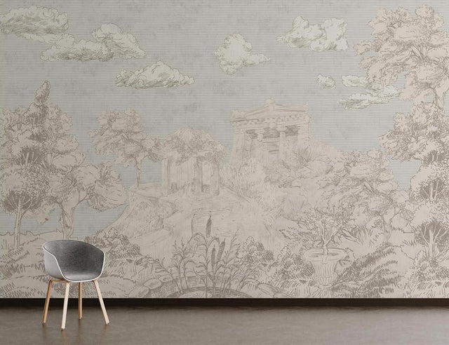 Mediterranean landscape wallpaper in elegant living room with neutral furniture and natural light