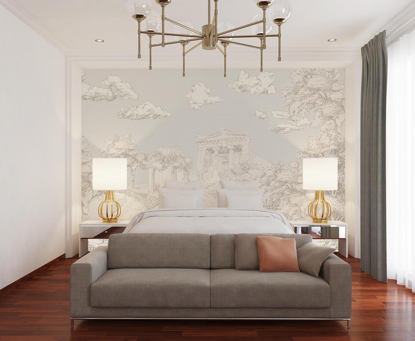 Classical Mediterranean mural creating depth in modern dining room setting