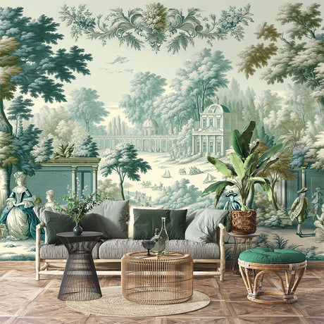 French toile garden wallpaper mural styled in an elegant dining room with crystal chandelier and antique furniture
