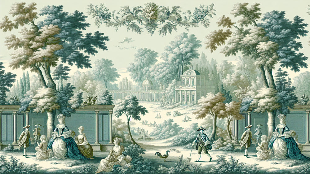 French garden toile wallpaper design file showing intricate vintage pattern and soft sage-green color palette