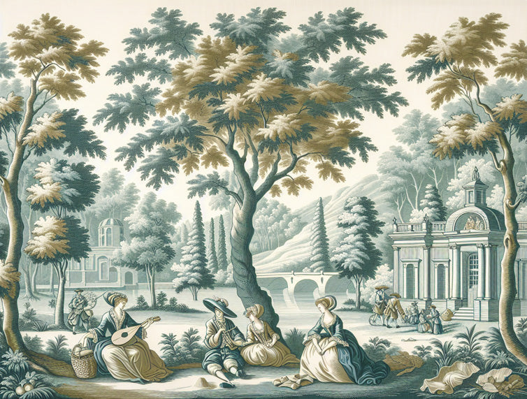 Vintage French garden design file with detailed toile de jouy pattern showing classical architecture and oak trees