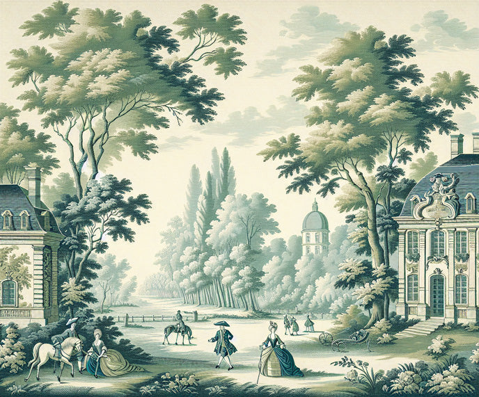 Vintage French Toile design file showing detailed pastoral scene in sage green