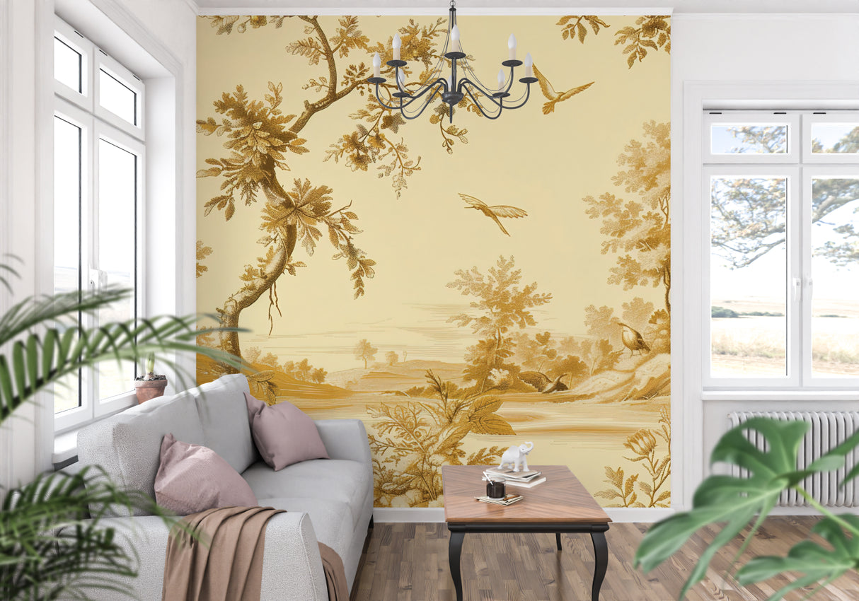 Vintage bird wallpaper in gold tones creating elegant atmosphere in a bright living room