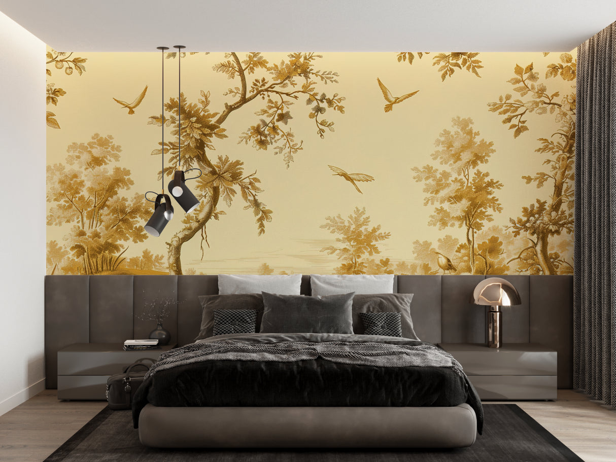 Gold toile de jouy wallpaper adding French charm to a classic dining room