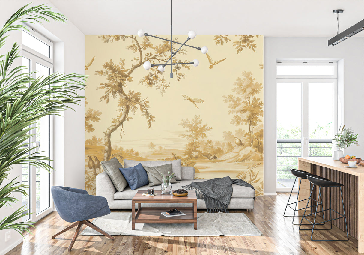 Pastoral scene wallpaper with golden birds in a cozy bedroom setting