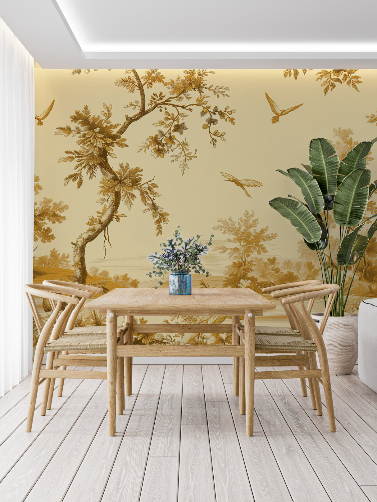 Vintage gold bird wallpaper bringing warmth to an entryway