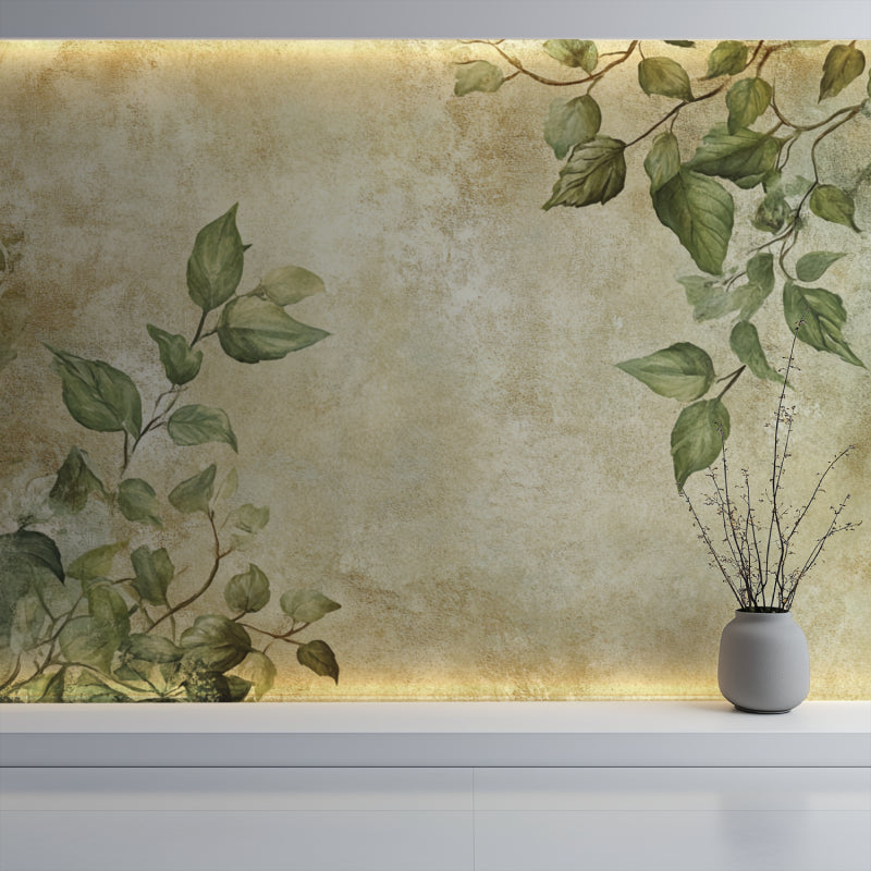 Vintage botanical wallpaper with green foliage creating a peaceful atmosphere in a modern living room