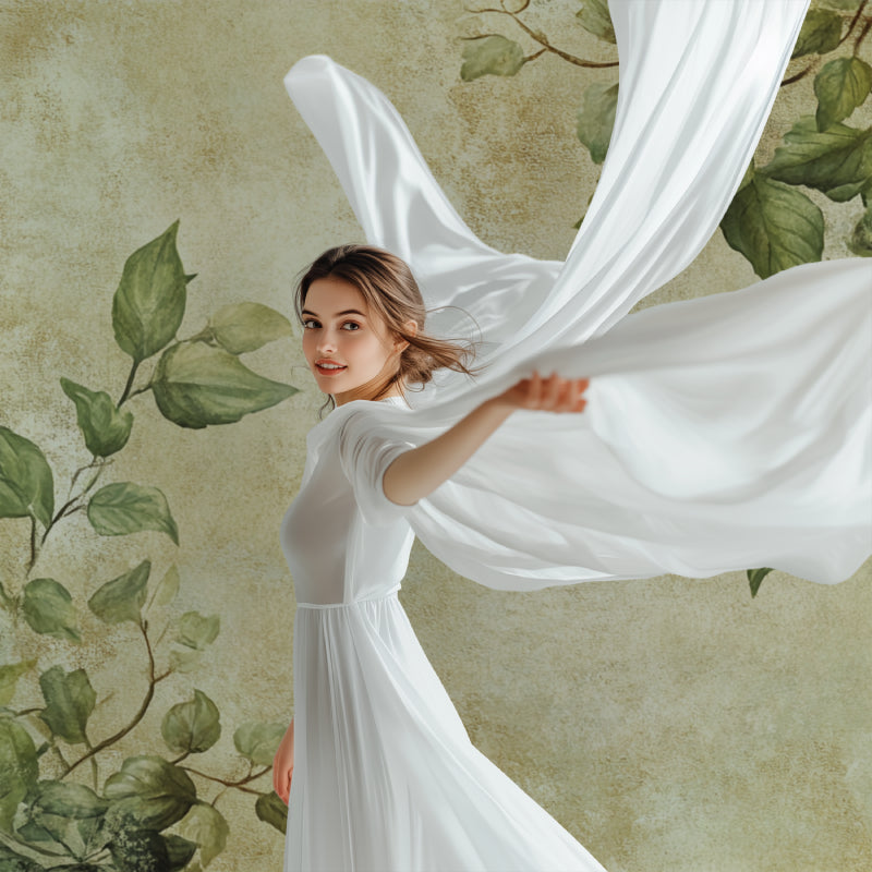 Green foliage wallpaper adding natural charm to a bright dining room setting