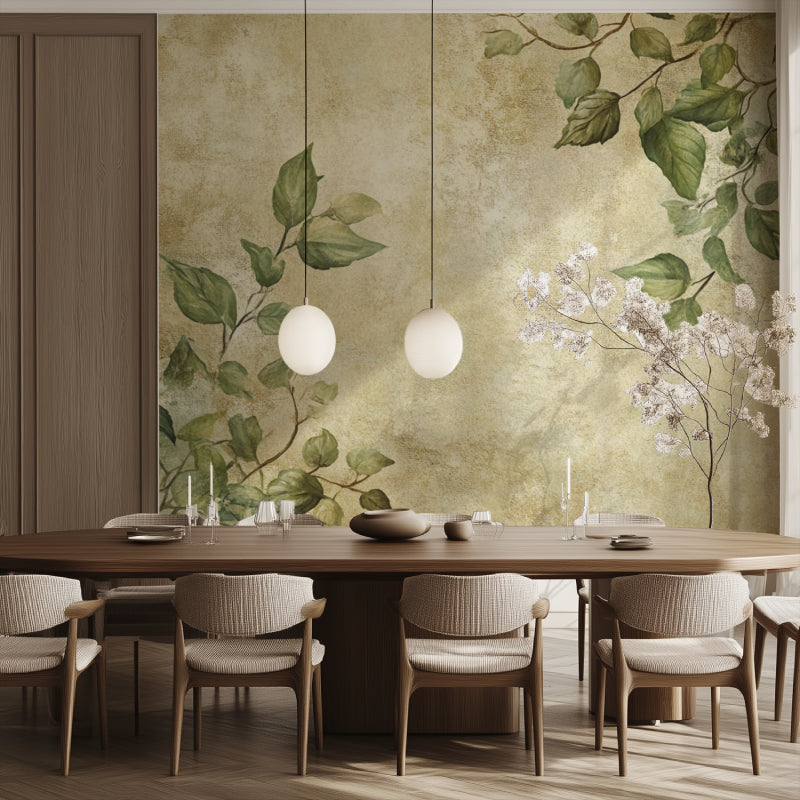 Vintage leaf pattern mural bringing warmth to a cozy bedroom space