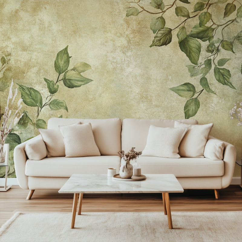 Botanical wall mural showcasing elegant green leaves in a home office