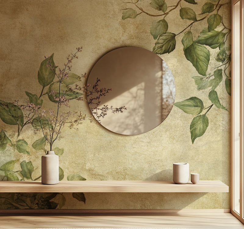 Nature-inspired wallpaper creating a calm atmosphere in an entryway