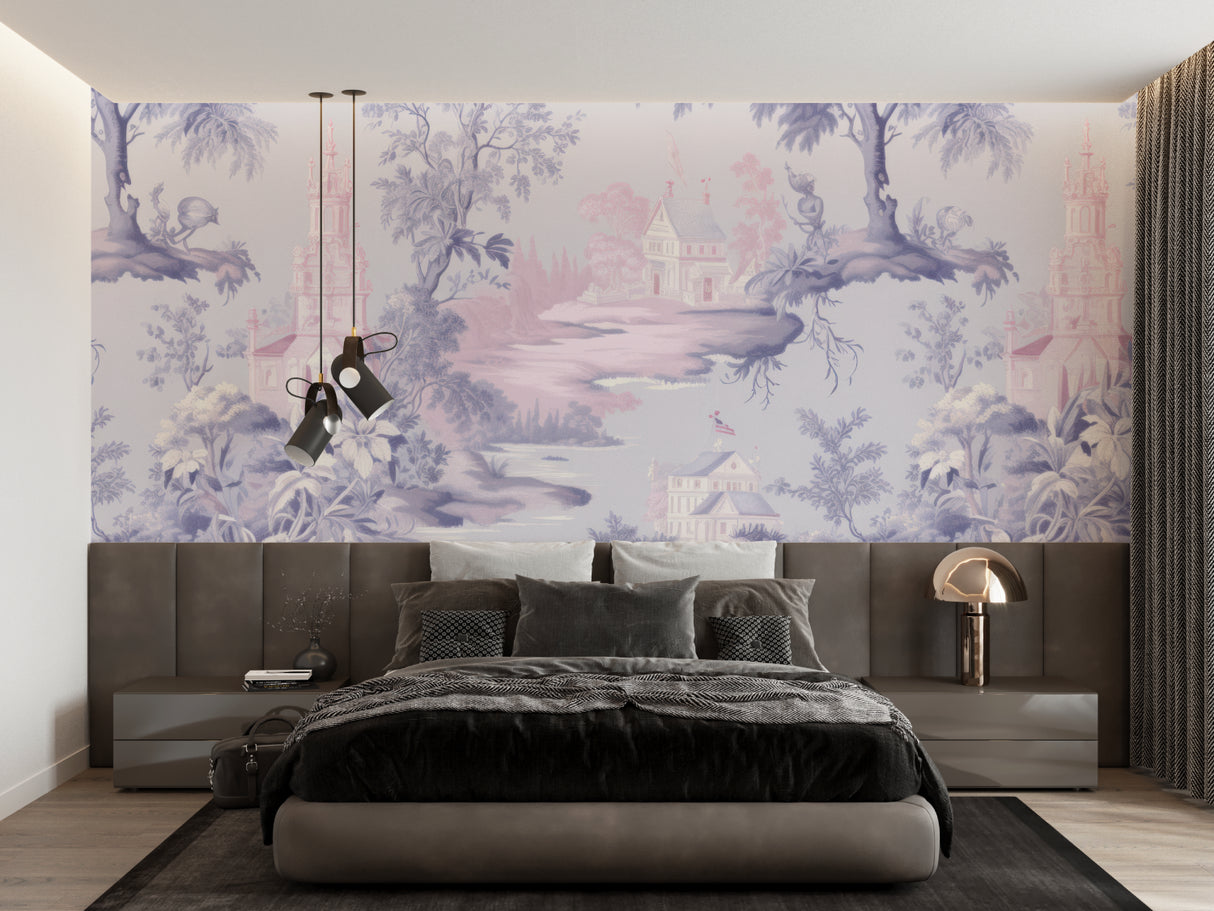 Lavender Toile de Jouy Wallpaper in bright master bedroom showing pastoral scene detail