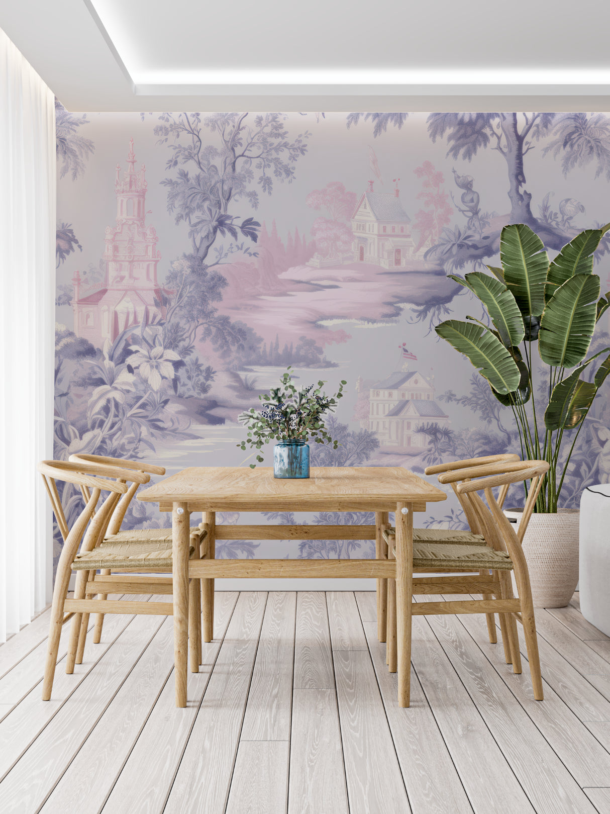 French Toile Wallpaper creating elegant dining room atmosphere