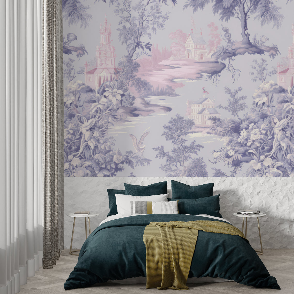 Classic Toile de Jouy design in purple tones transforming hallway