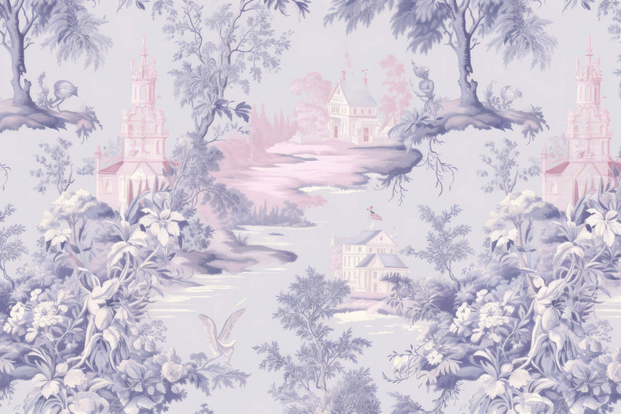 Lavender Toile de Jouy Wallpaper design file showing full pastoral landscape pattern