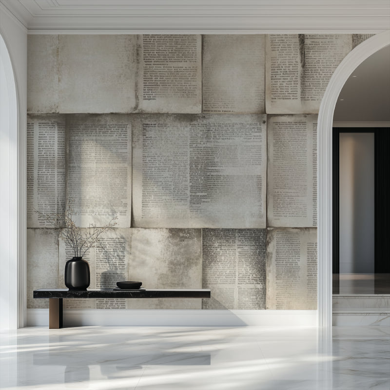 Vintage newspaper wallpaper adding character to coffee shop wall