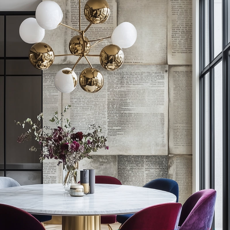 Newspaper wallpaper creating sophisticated backdrop in study room