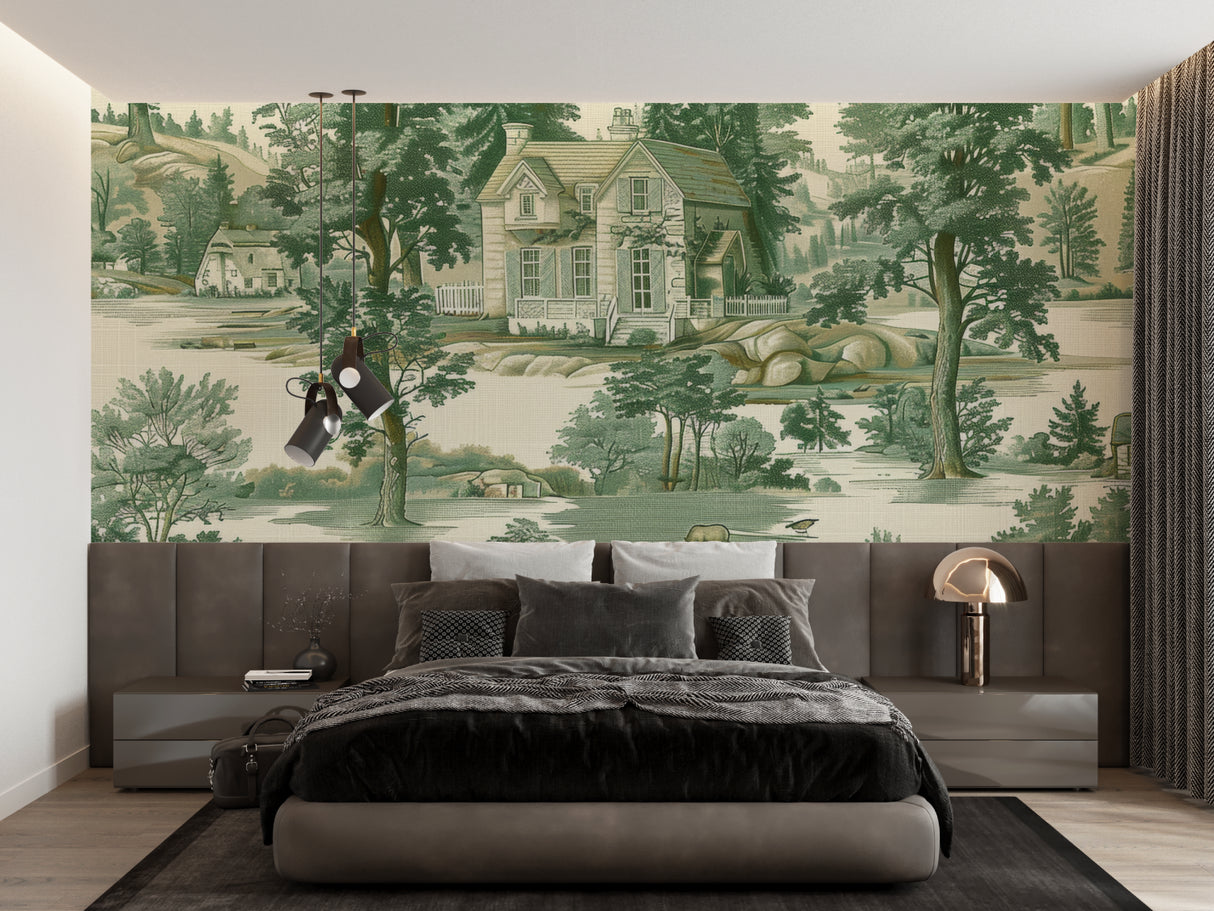 Green Toile de Jouy wallpaper in elegant dining room, French countryside mural adds classic charm