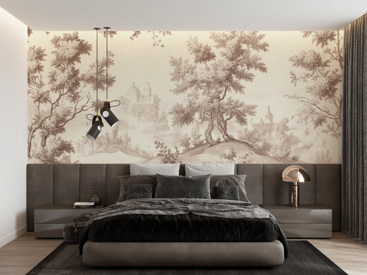 French pastoral wallpaper creating a sophisticated atmosphere in a living room setting
