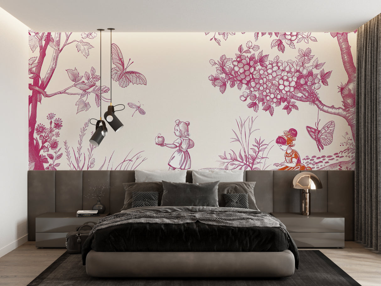 Pink Toile de Jouy wallpaper in bright modern bedroom, showing garden scene pattern with butterflies