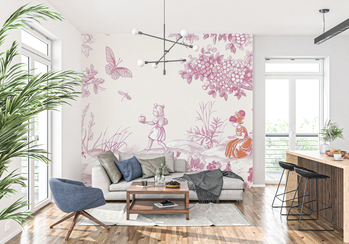 Vintage pink garden wallpaper in cozy reading nook with natural light