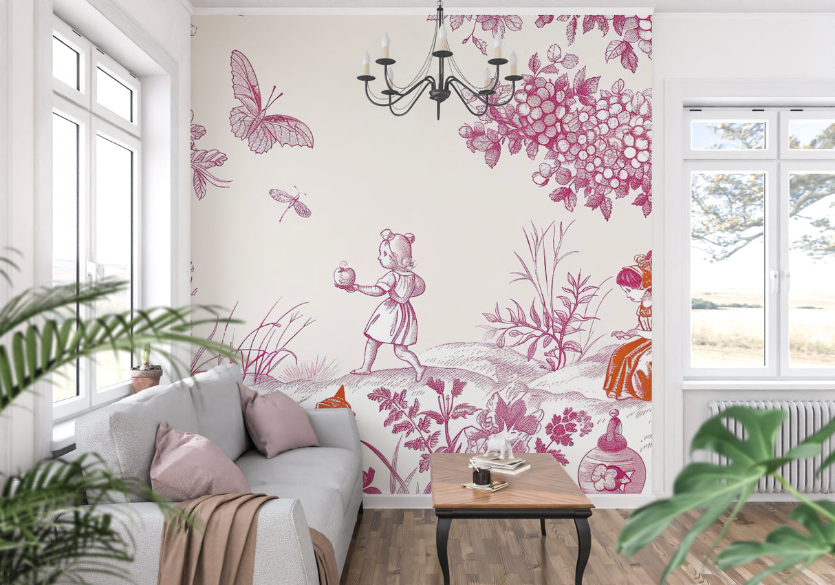 Pink Toile pattern mural in nursery setting with white furniture