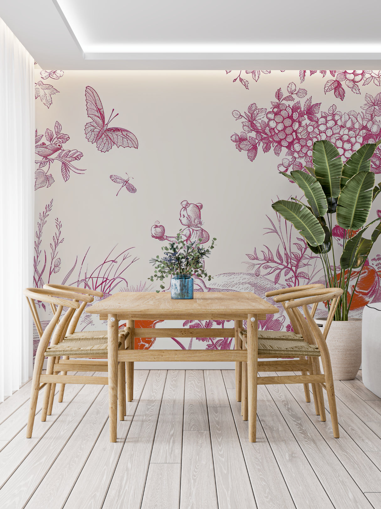 French garden scene wallpaper adding charm to dining room walls