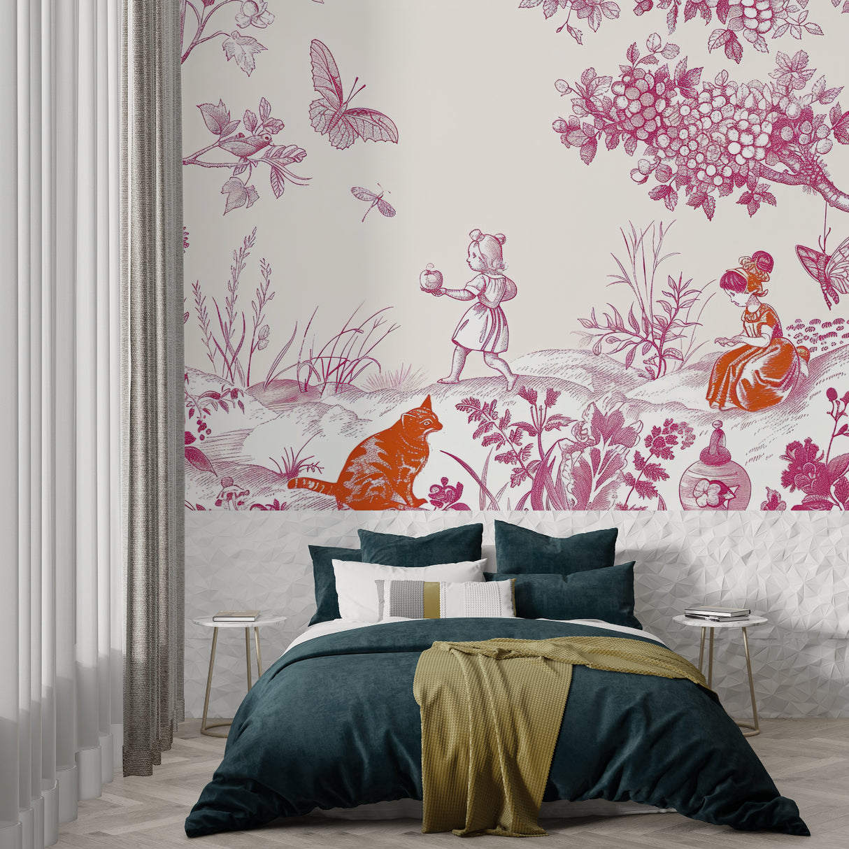 Toile de Jouy pink mural creating elegance in powder room