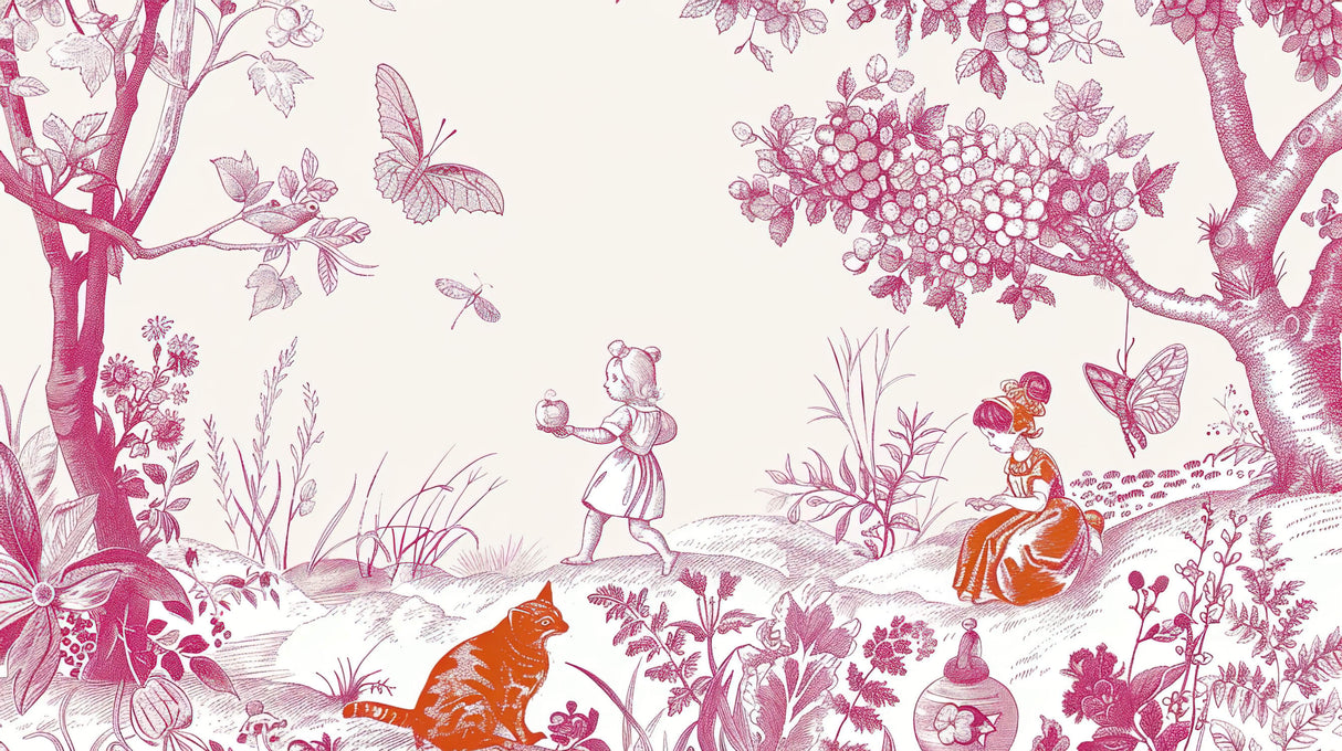 Pink Toile de Jouy garden design file showing intricate pattern detail and butterfly motifs