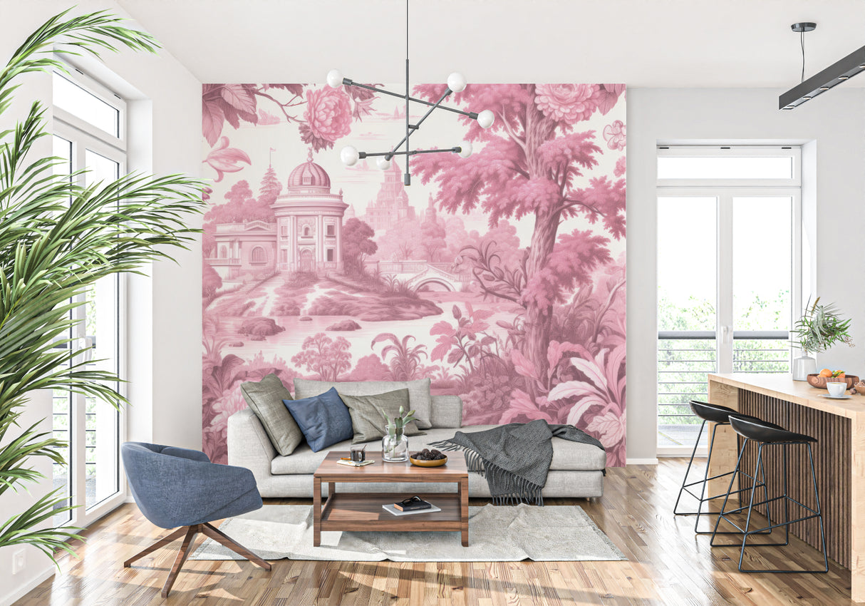 Pink Toile de Jouy wallpaper in elegant dining room showing palace scene detail