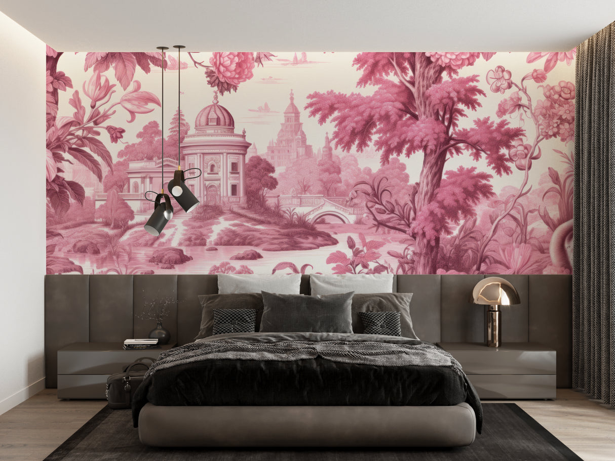 Pink vintage toile wallpaper adding charm to reading nook with window seat