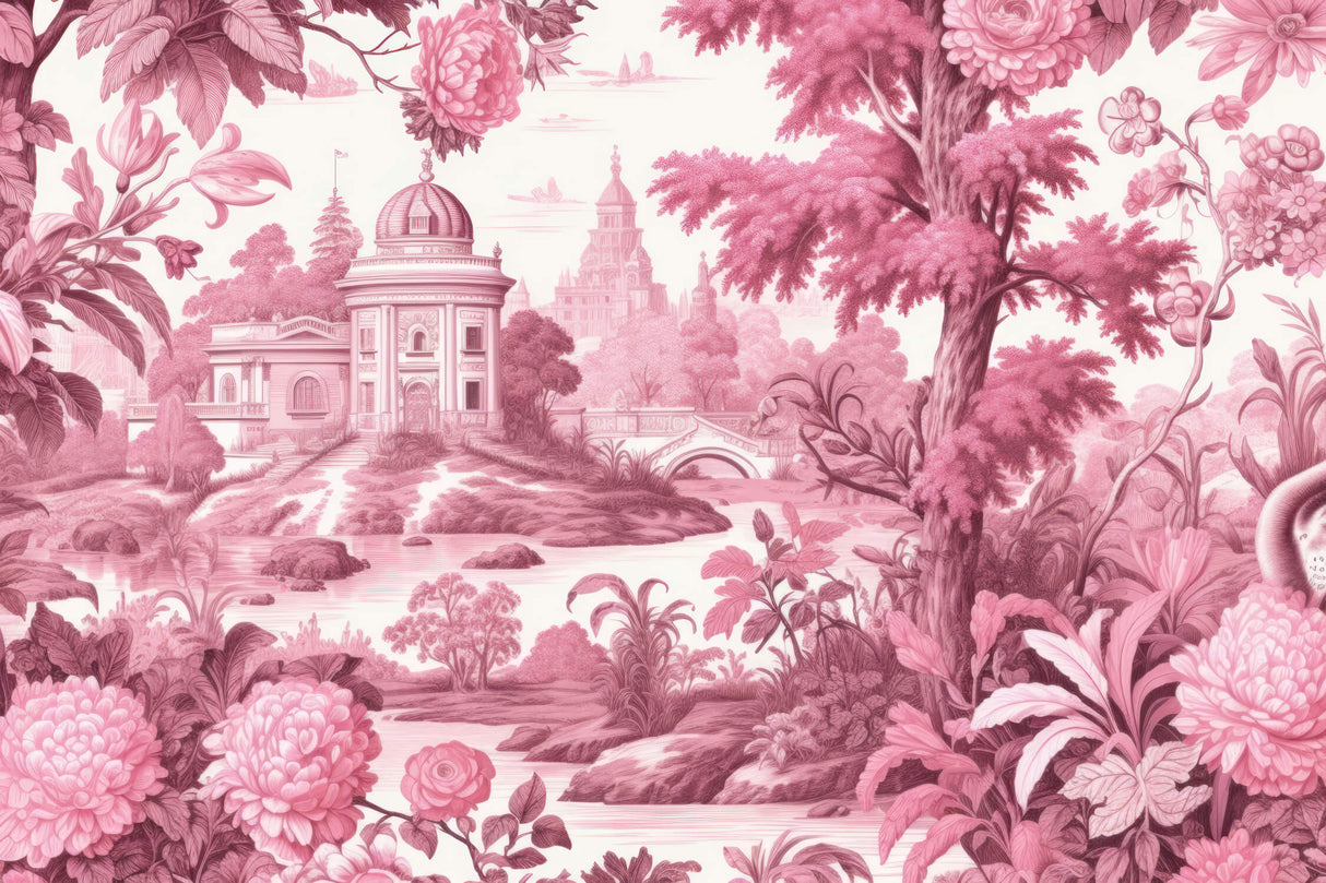 Pink Toile de Jouy palace design file showing intricate architectural details and garden elements