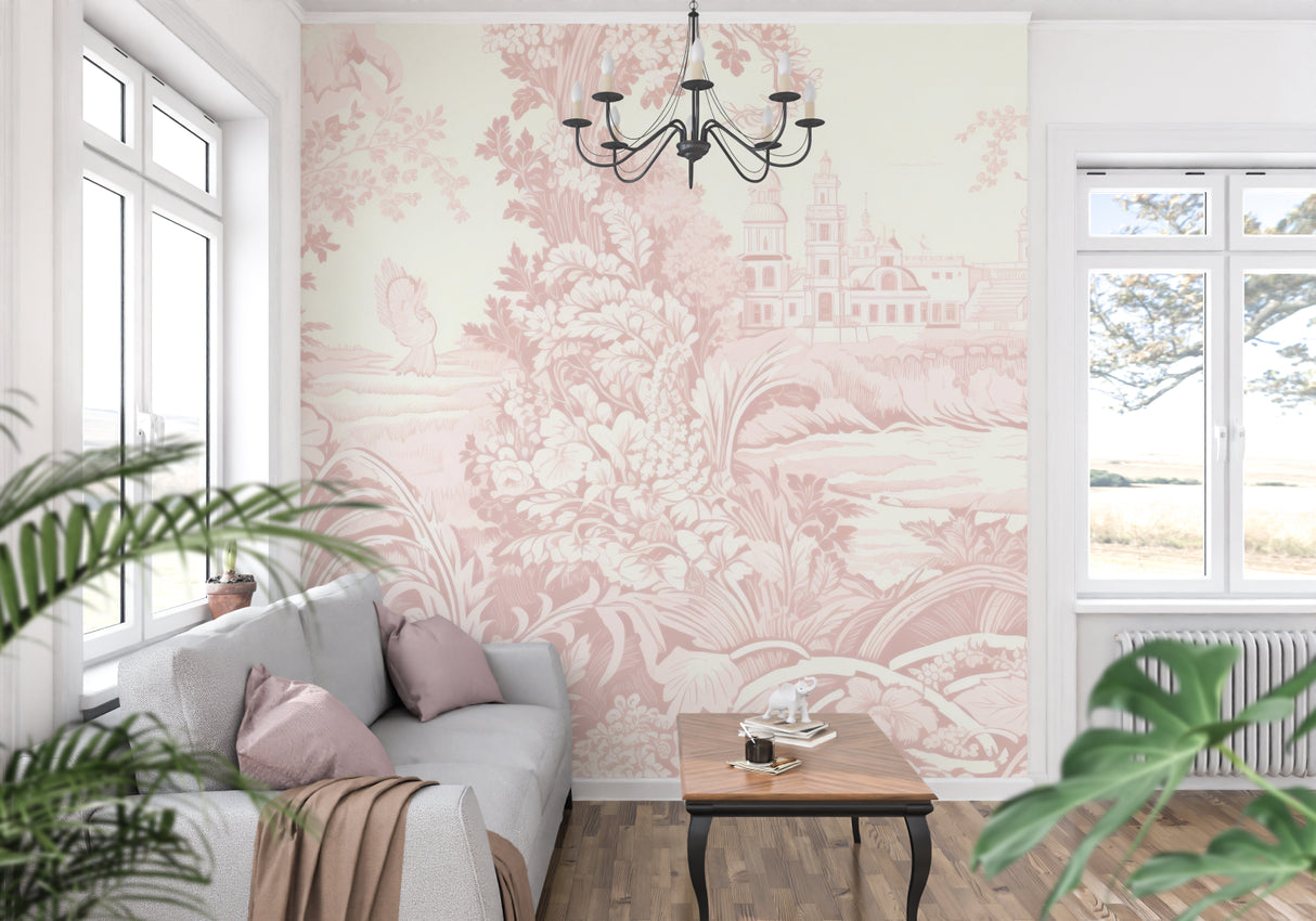 Pink Toile de Jouy wallpaper in an elegant dining room showing pastoral scenes and architectural details