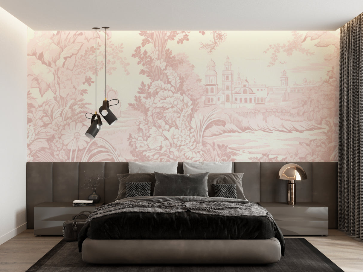 French toile pattern wallpaper creating a soft pink backdrop in a master bedroom