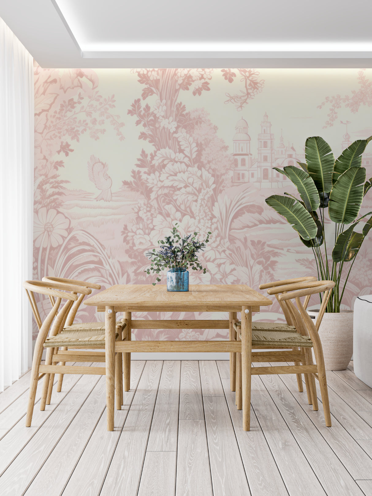 Vintage pink toile wallpaper adding charm to a powder room with pastoral scenes