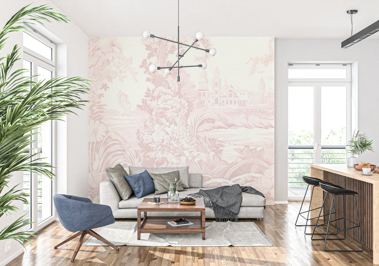 Pink French toile wallpaper creating an elegant atmosphere in a living room setting