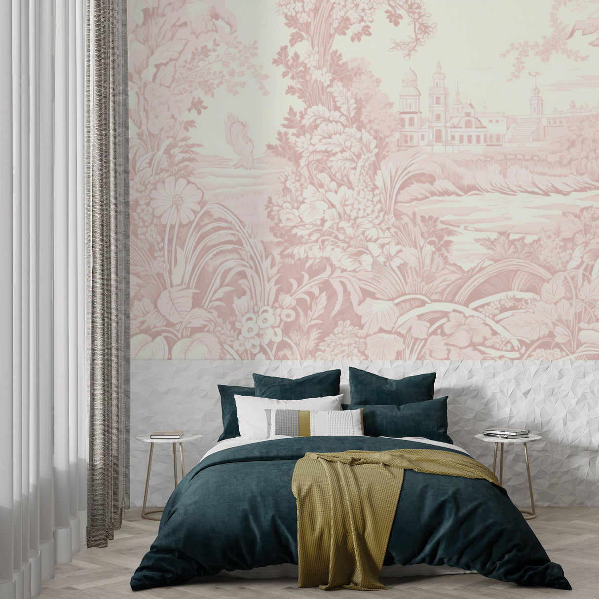 Soft pink toile pattern adorning a hallway wall with classic French scenes